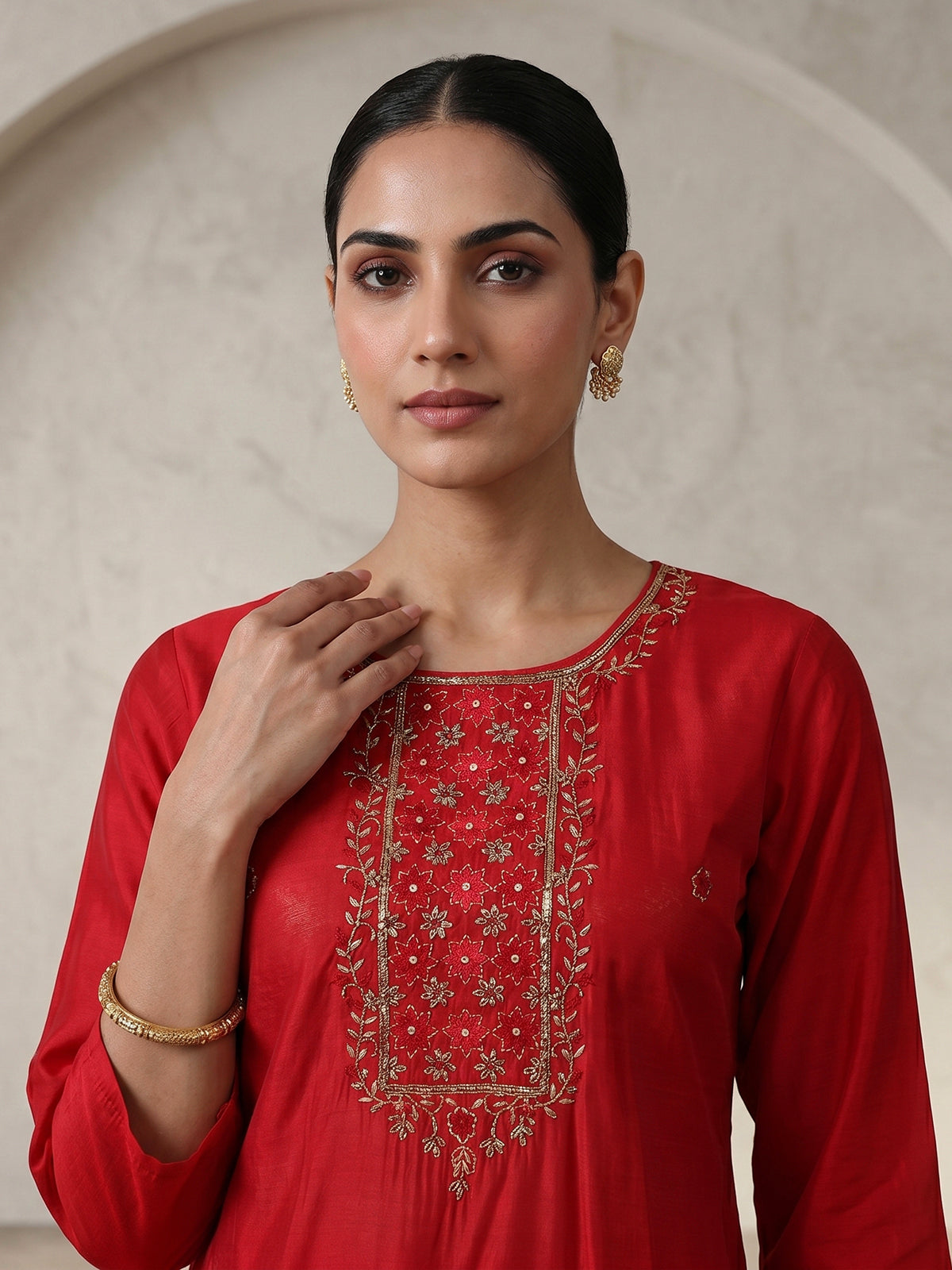 Red silk yoke style straight cut kurti set with dupatta