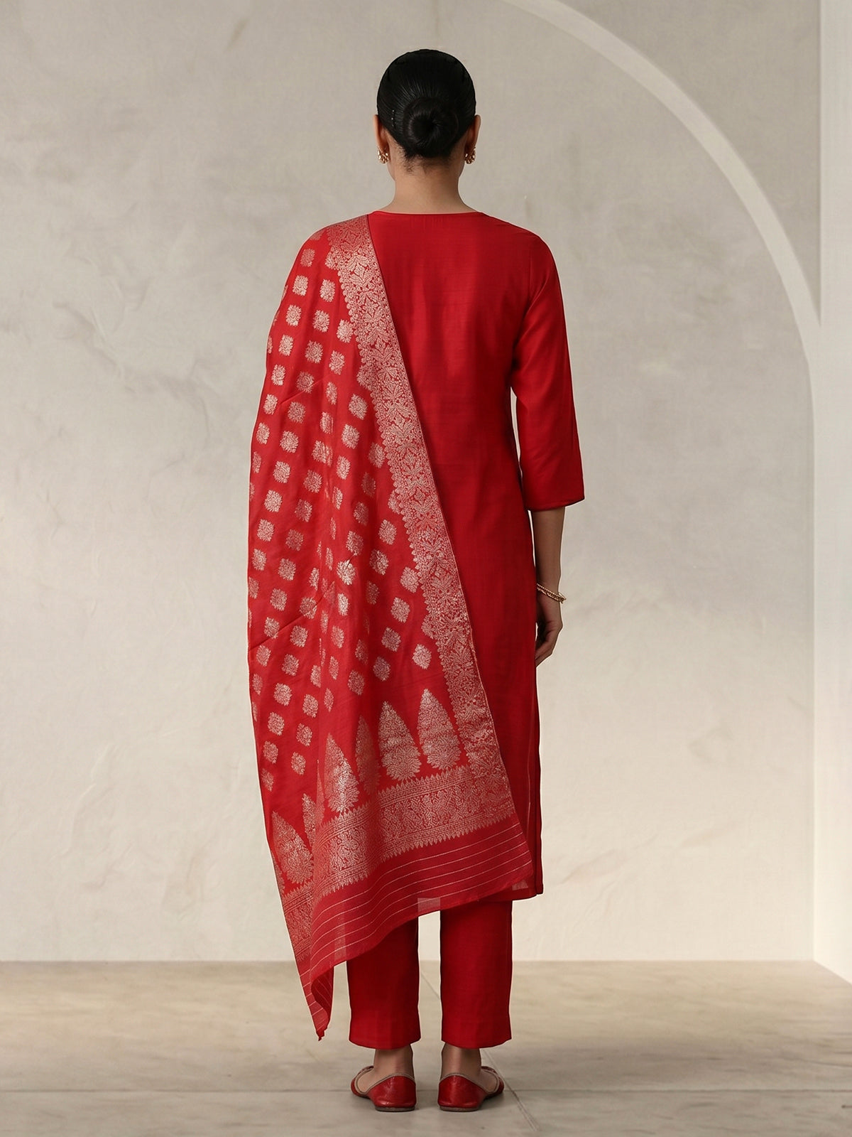 Red silk yoke style straight cut kurti set with dupatta