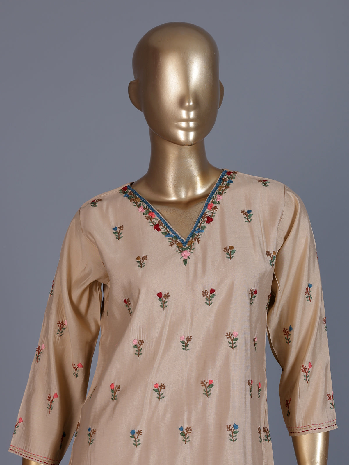 Beige silk V neck straight cut kurti set