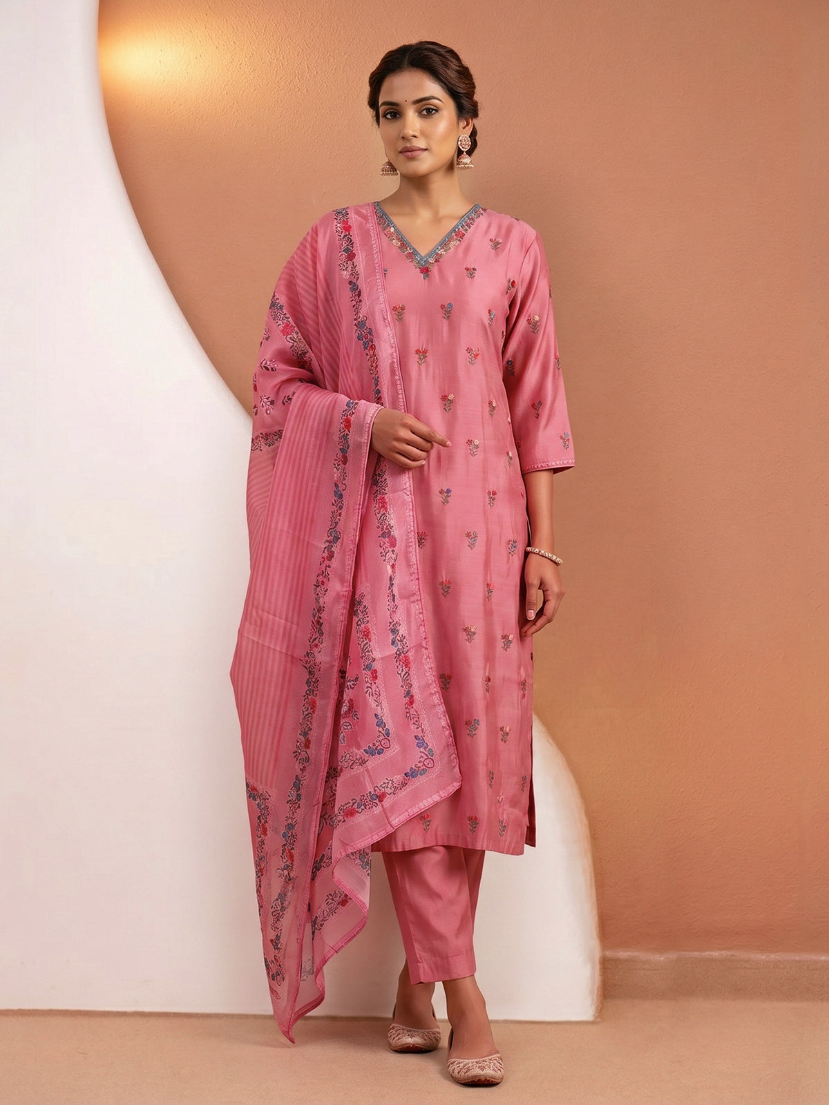 Pink silk thread work festive kurti set
