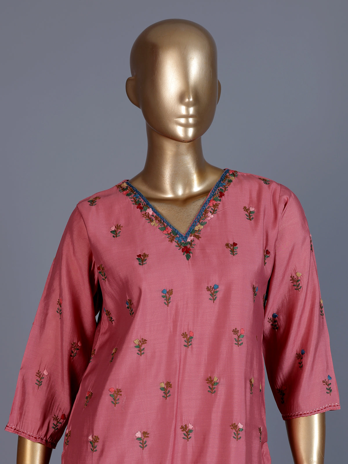 Pink silk thread work festive kurti set