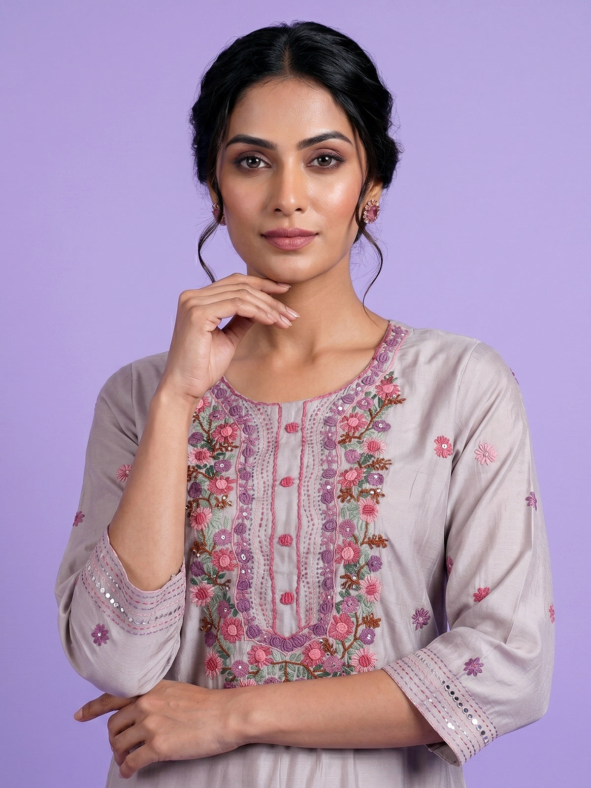Light grey silk embroidered straight cut kurti set