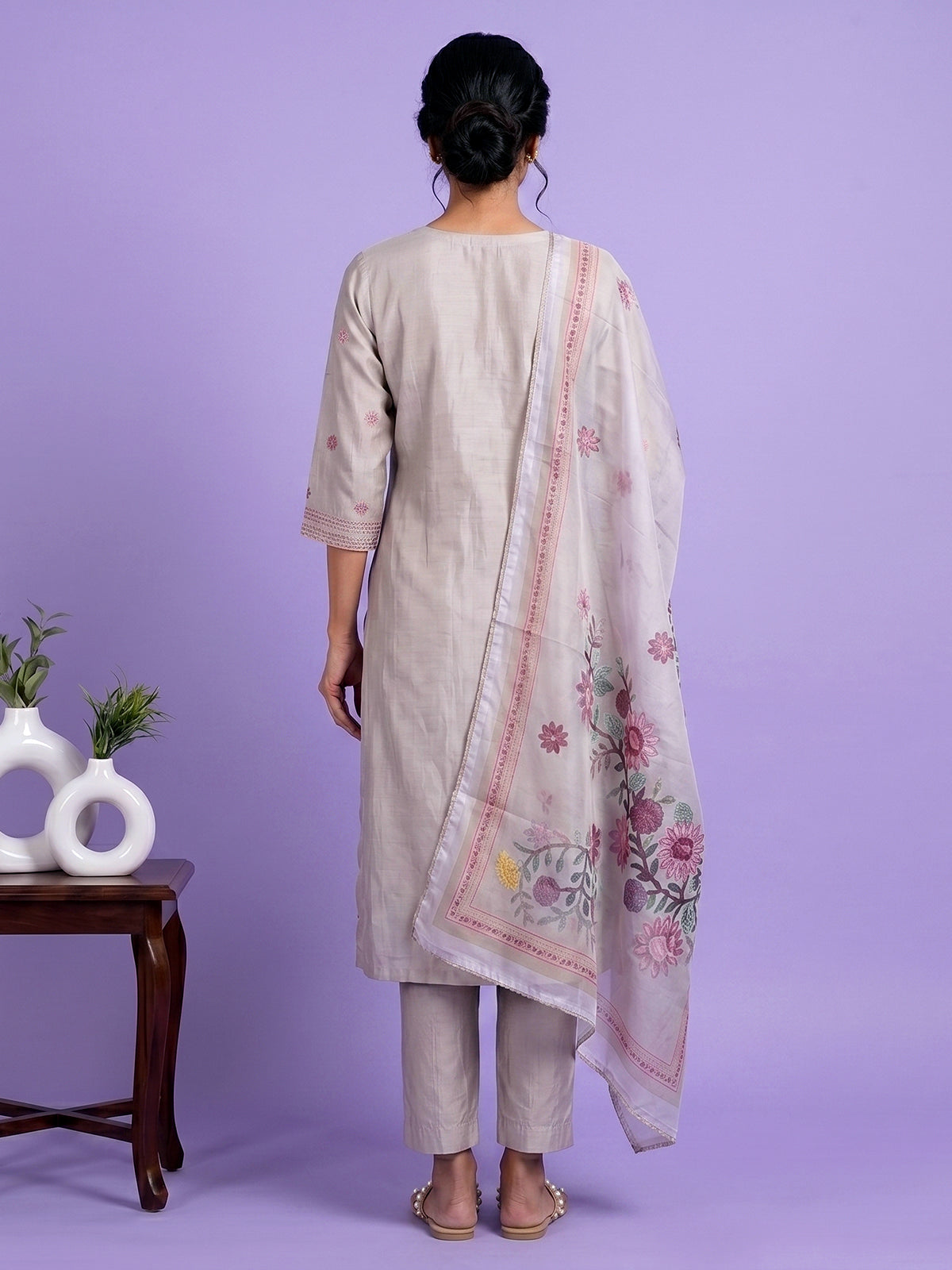 Light grey silk embroidered straight cut kurti set
