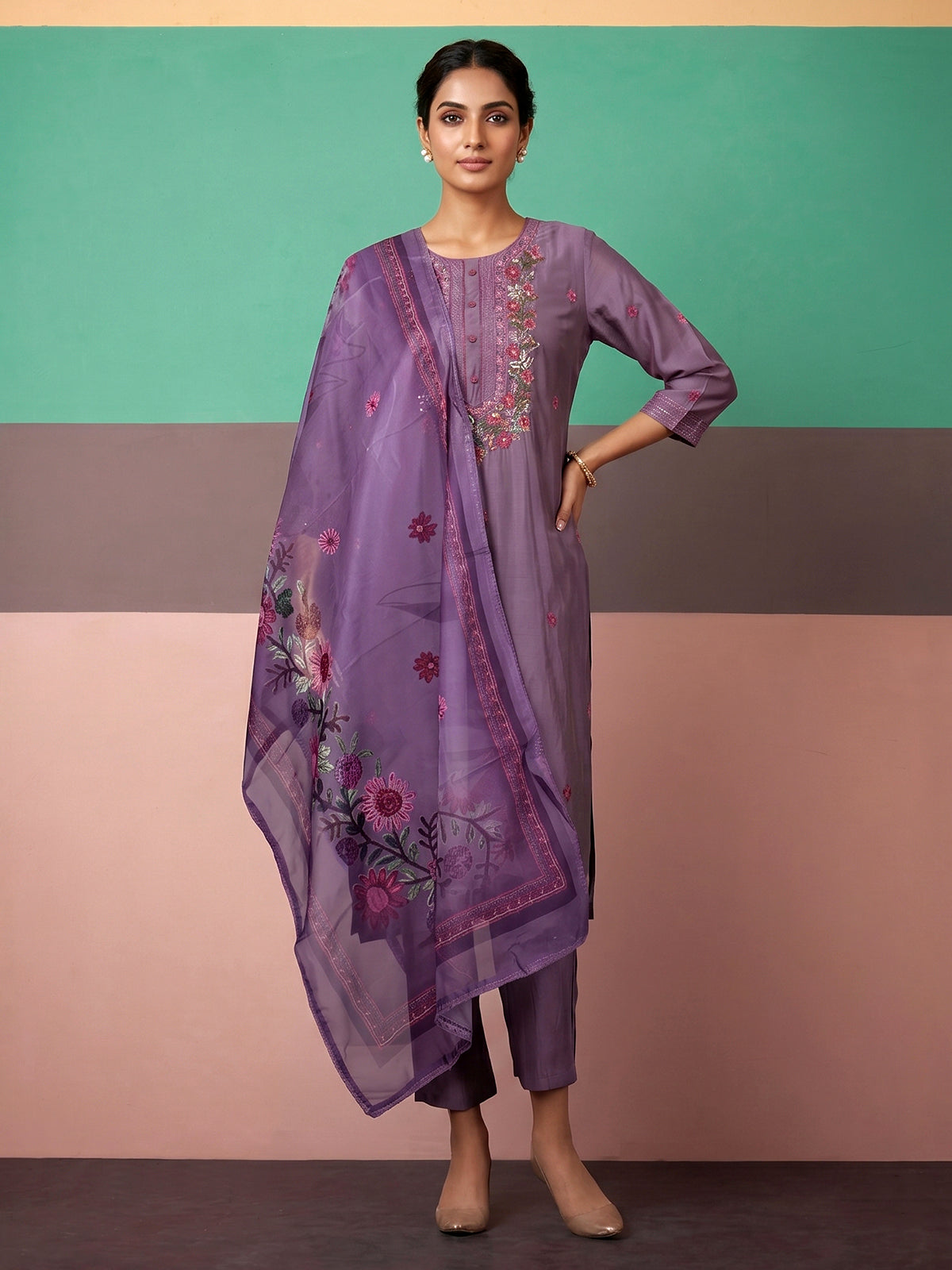 Lilac purple silk straight cut festive kurti set