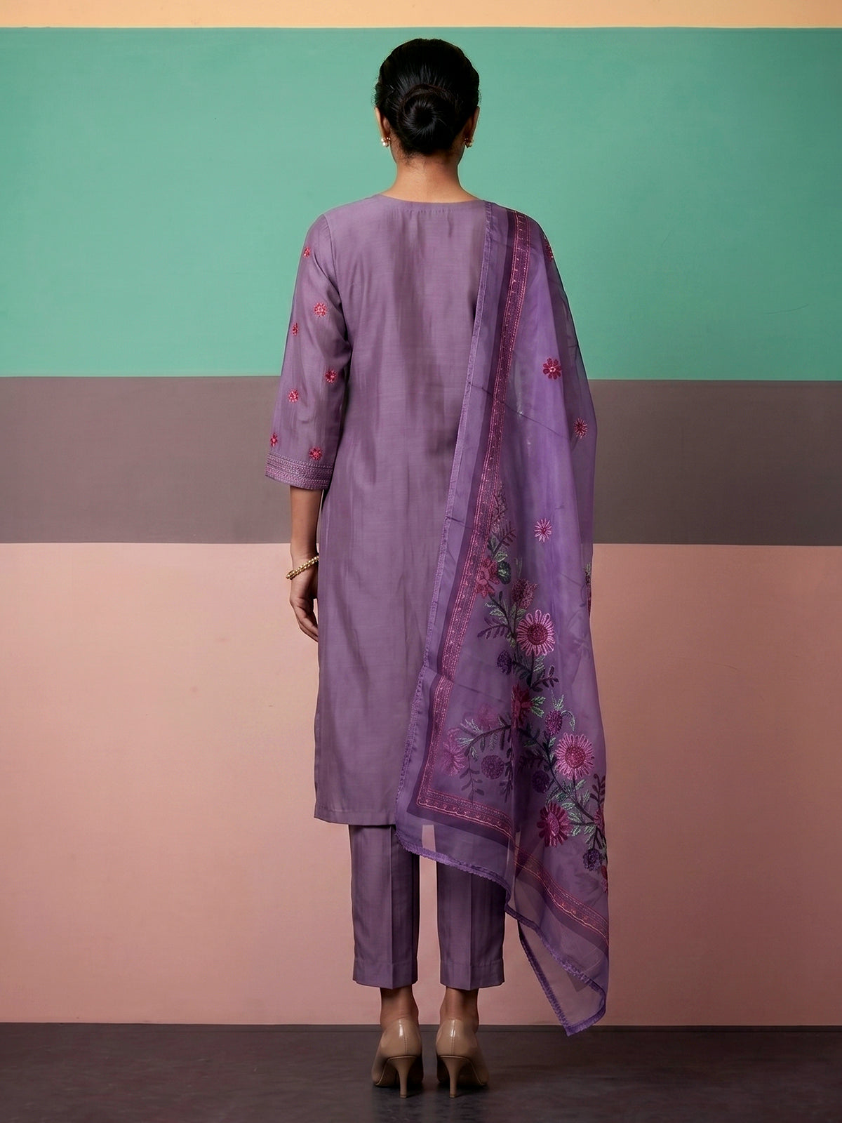 Lilac purple silk straight cut festive kurti set