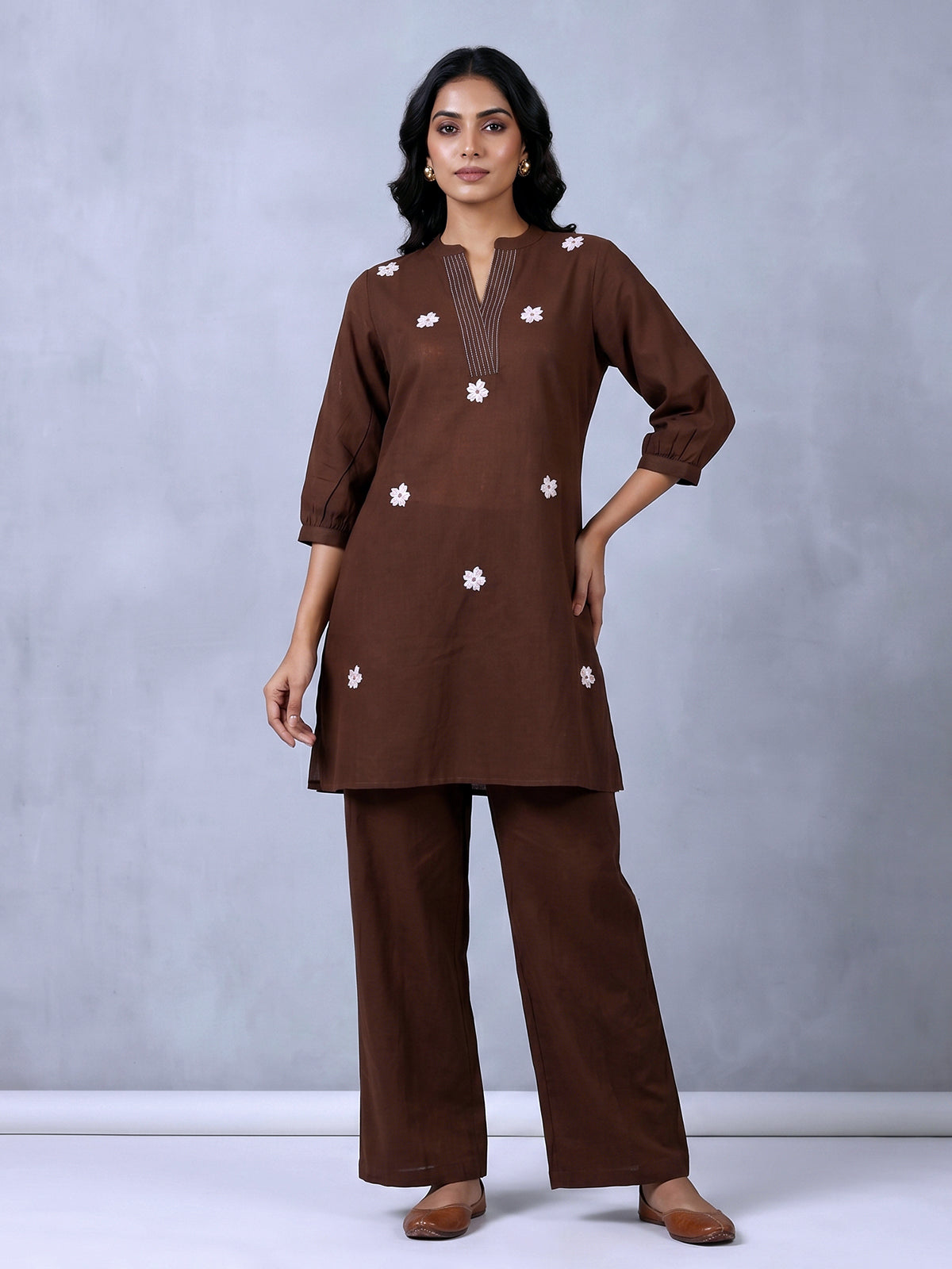 Brown cotton embroidered casual co ord set for women