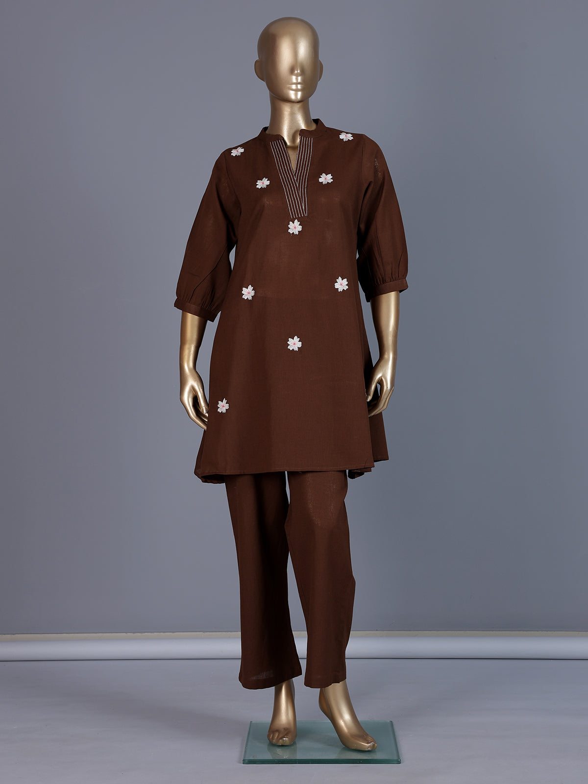 Brown cotton embroidered casual co ord set for women