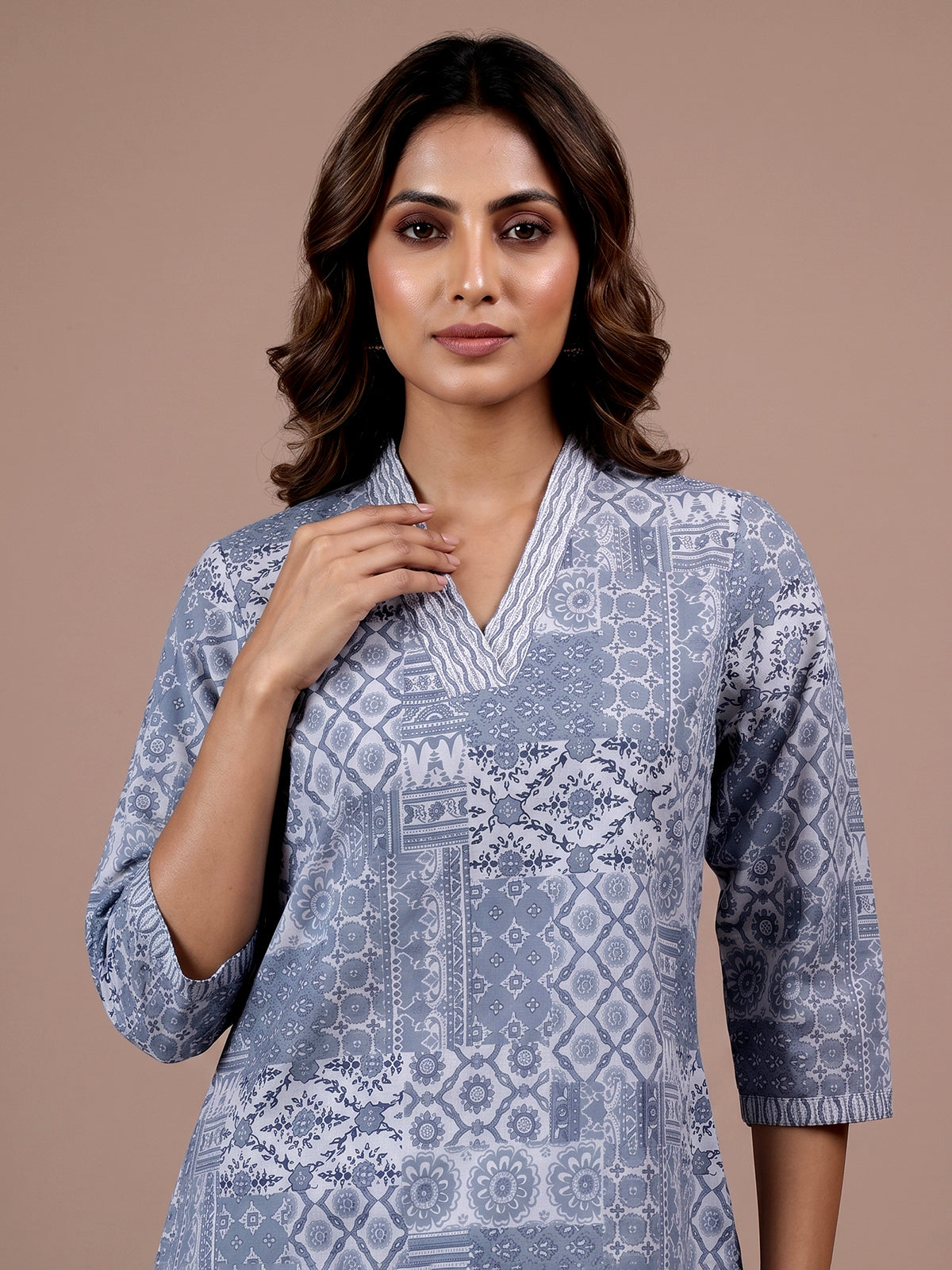 Grey printed cotton blend casual ethnic kurti design
