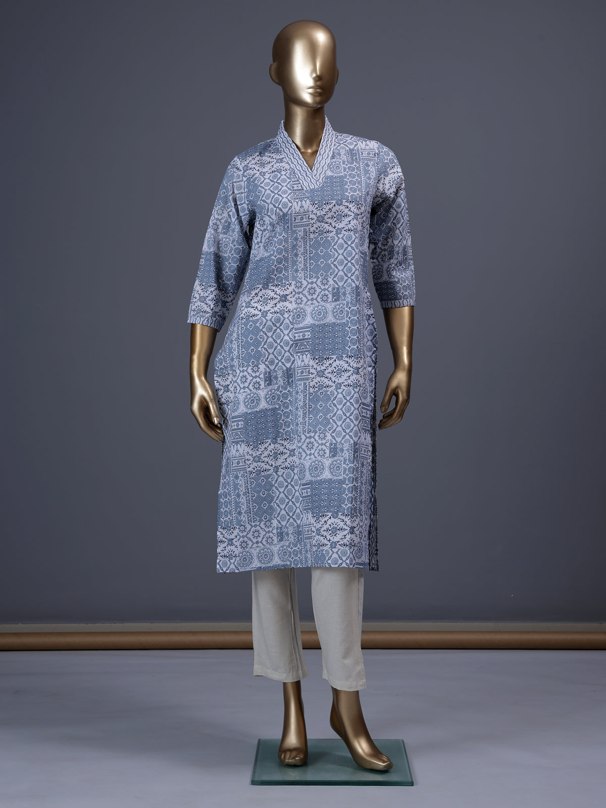 Grey printed cotton blend casual ethnic kurti design