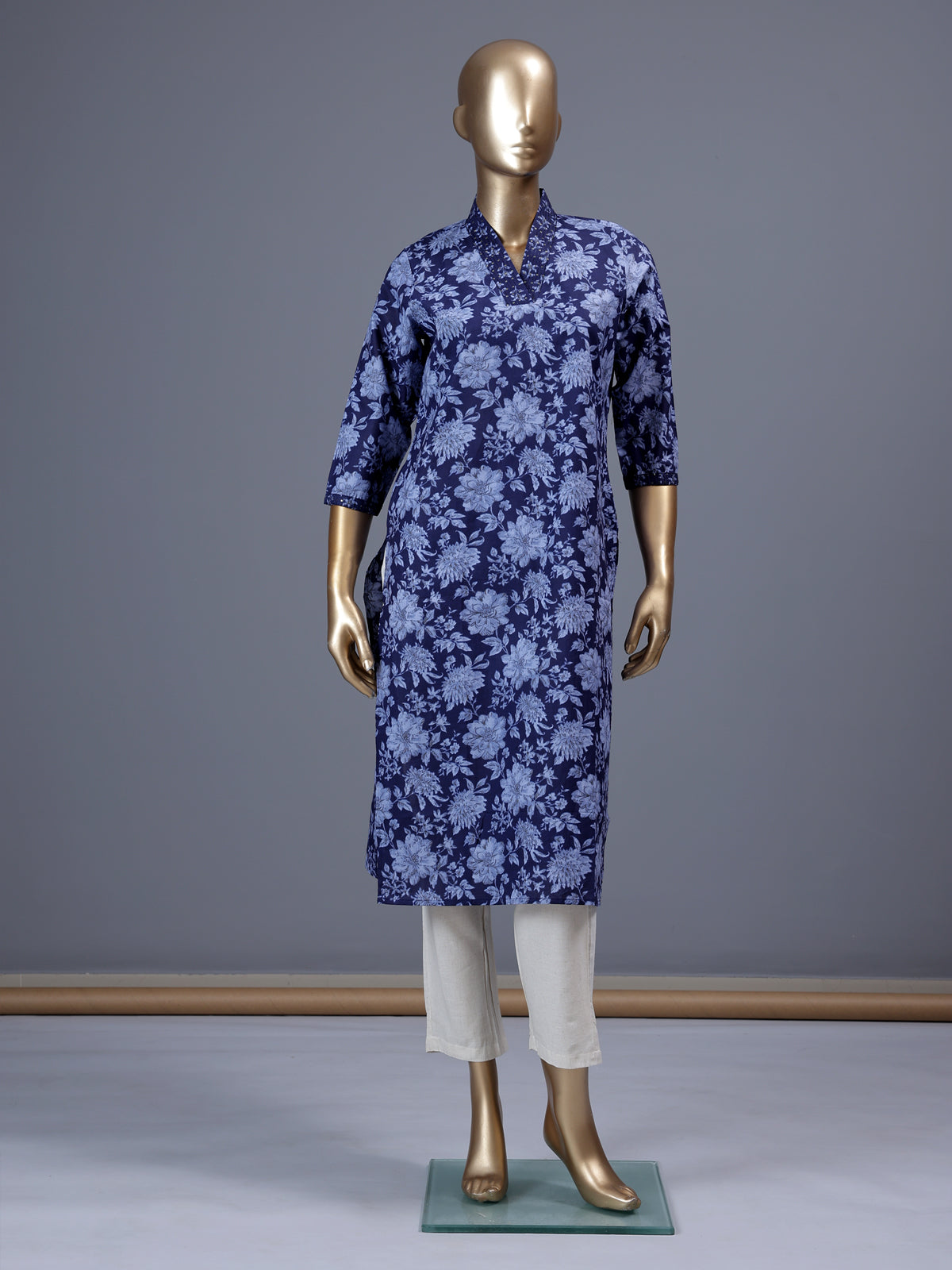 Navy blue floral printed cotton blend ethnic kurti