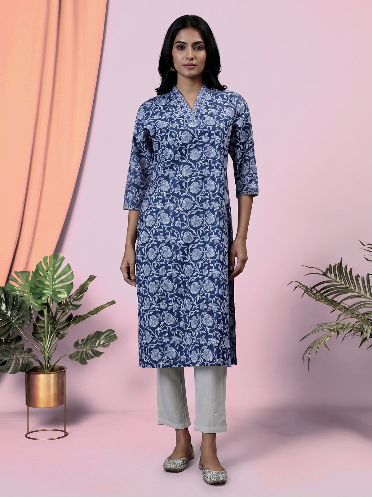 Stone grey floral printed cotton blend casual wear kurti
