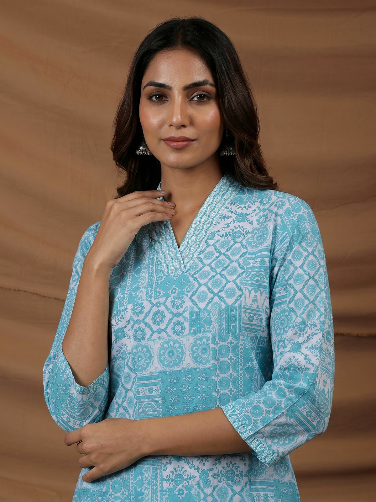 Aqua blue floral printed cotton blend designer kurti