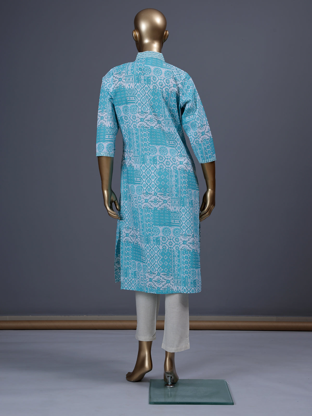 Aqua blue floral printed cotton blend designer kurti