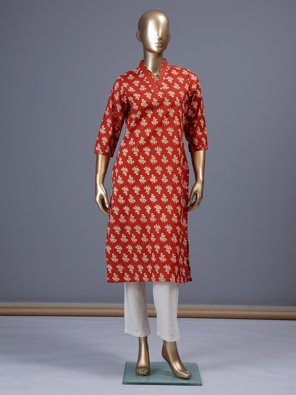 Orange floral printed cotton blend stylish casual kurti