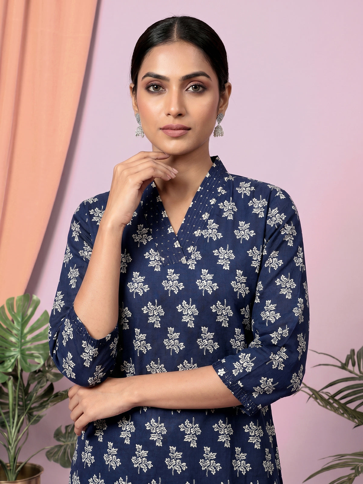 Dark blue floral printed cotton blend casual kurti