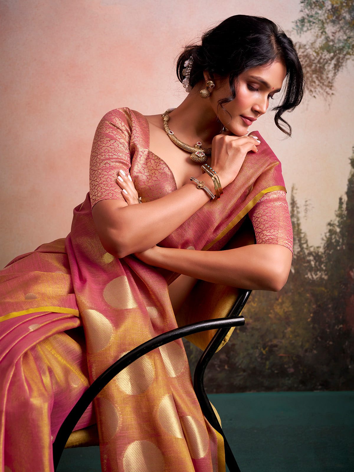 Graceful onion pink zari work tissue silk saree