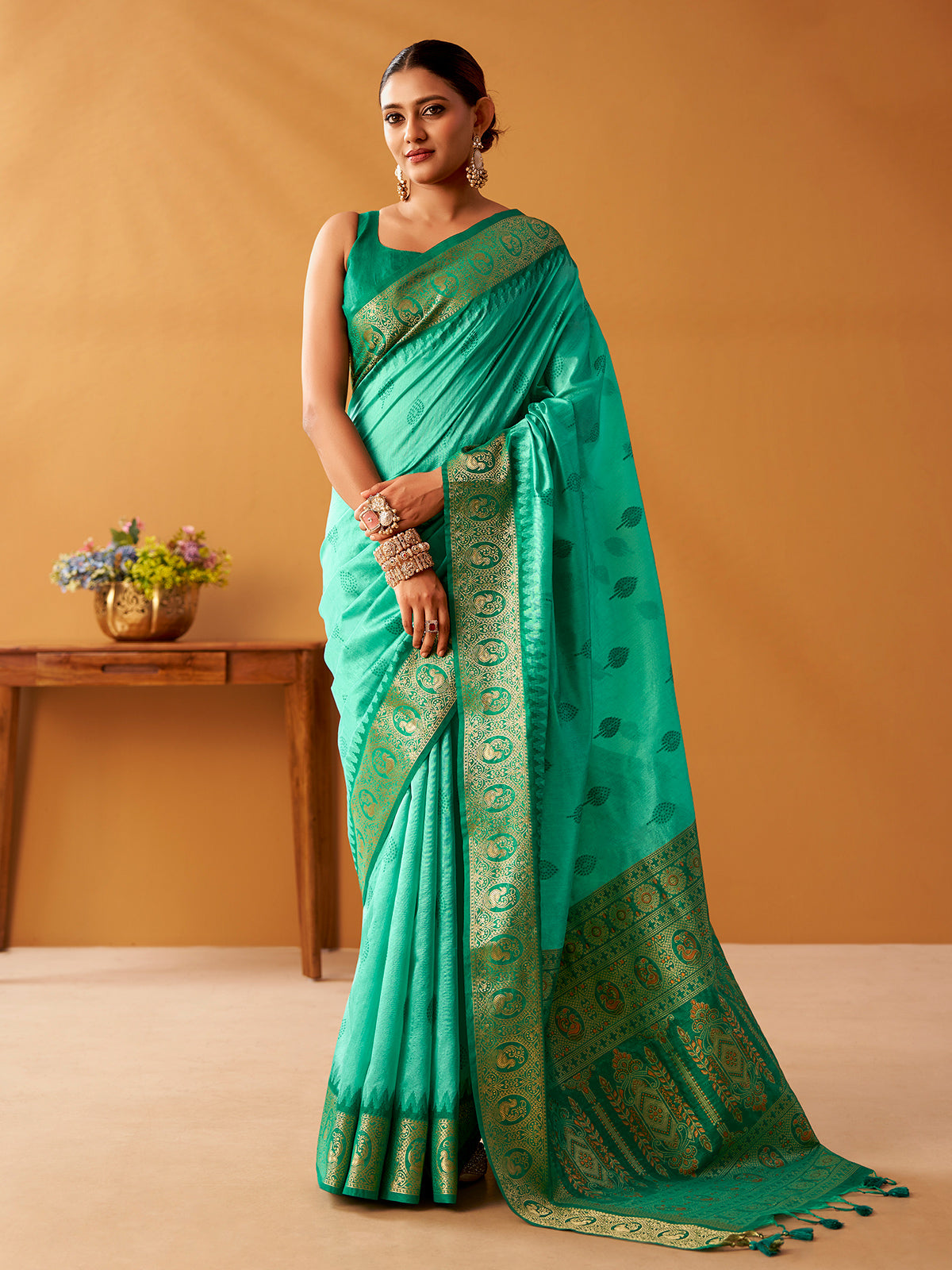 Sky blue temple zari cotton saree