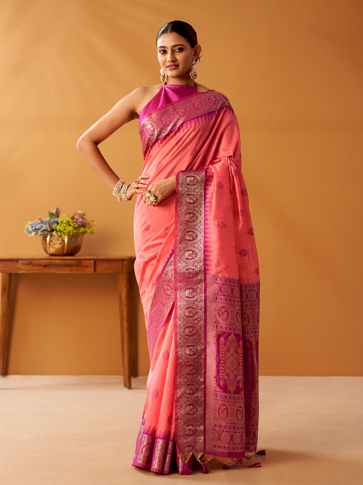 Pink floral border modal cotton saree
