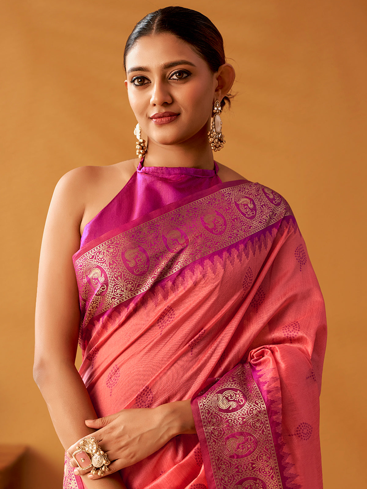 Pink floral border modal cotton saree