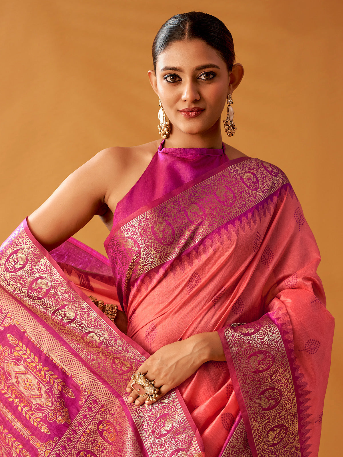 Pink floral border modal cotton saree