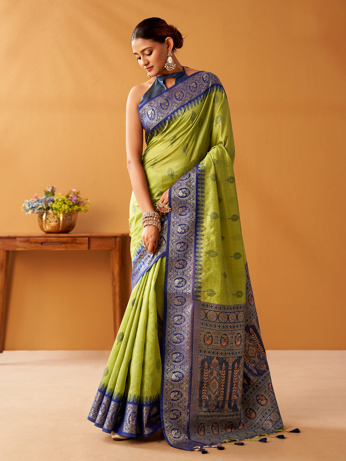 Green temple border modal cotton saree