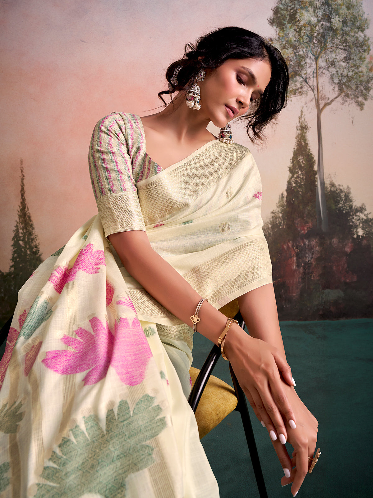 Cream nature inspired linen silk festive saree