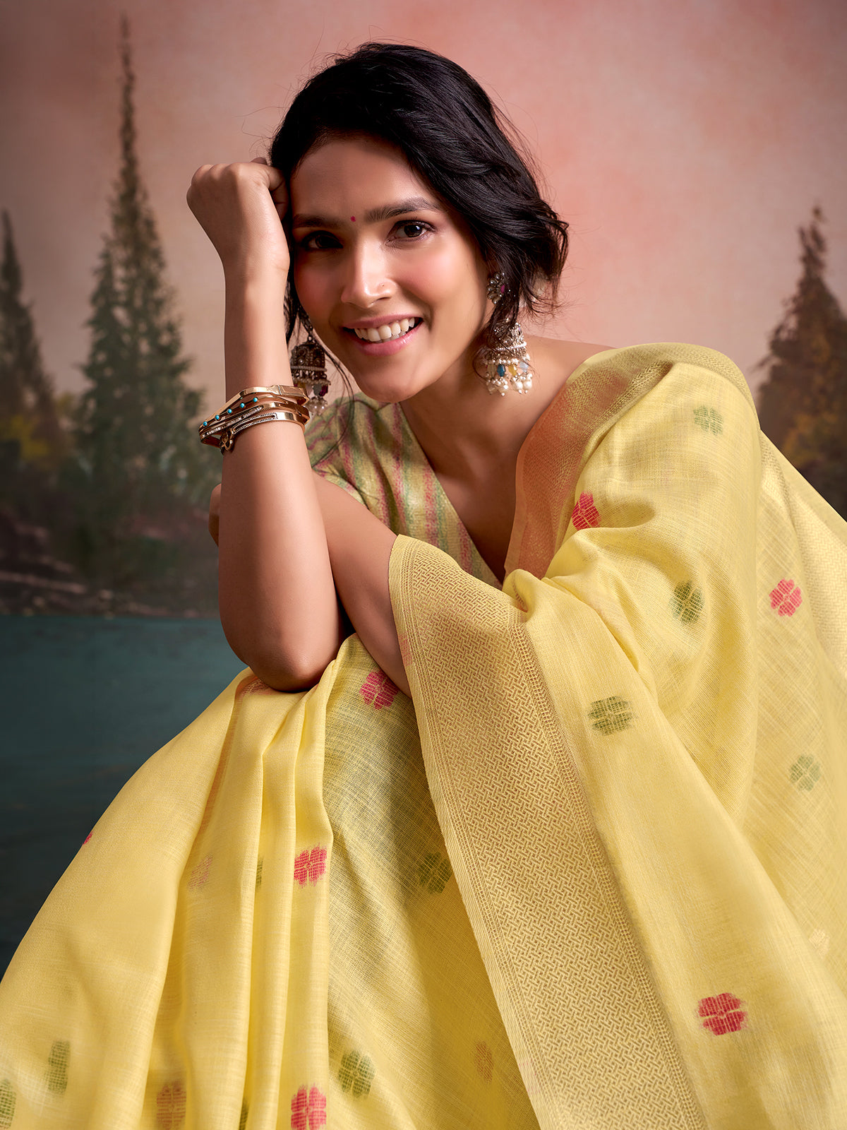 Yellow linen silk woven lotus garden saree