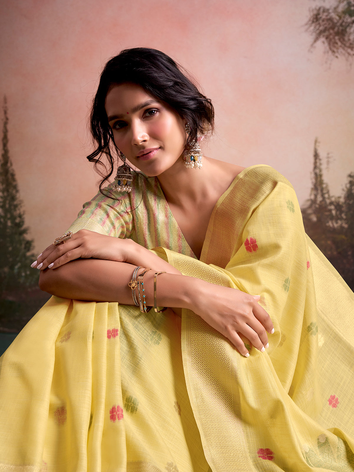 Yellow linen silk woven lotus garden saree
