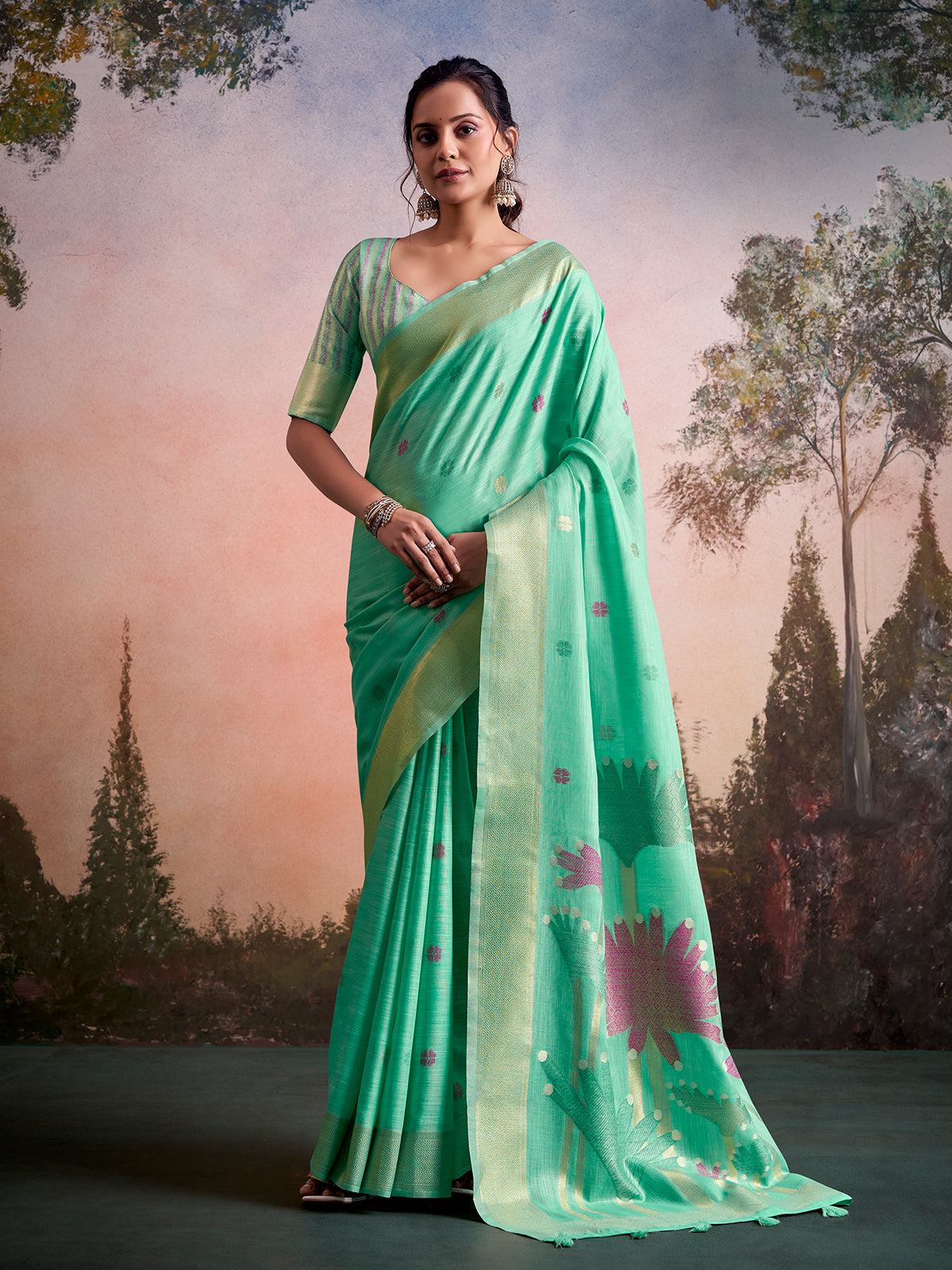Mint green artistic pallu linen silk saree