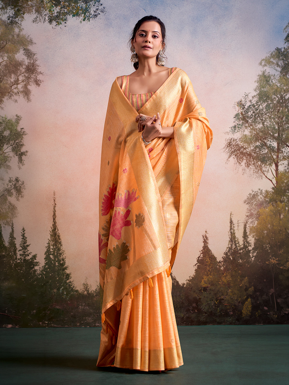 Orange tropical heritage linen silk saree