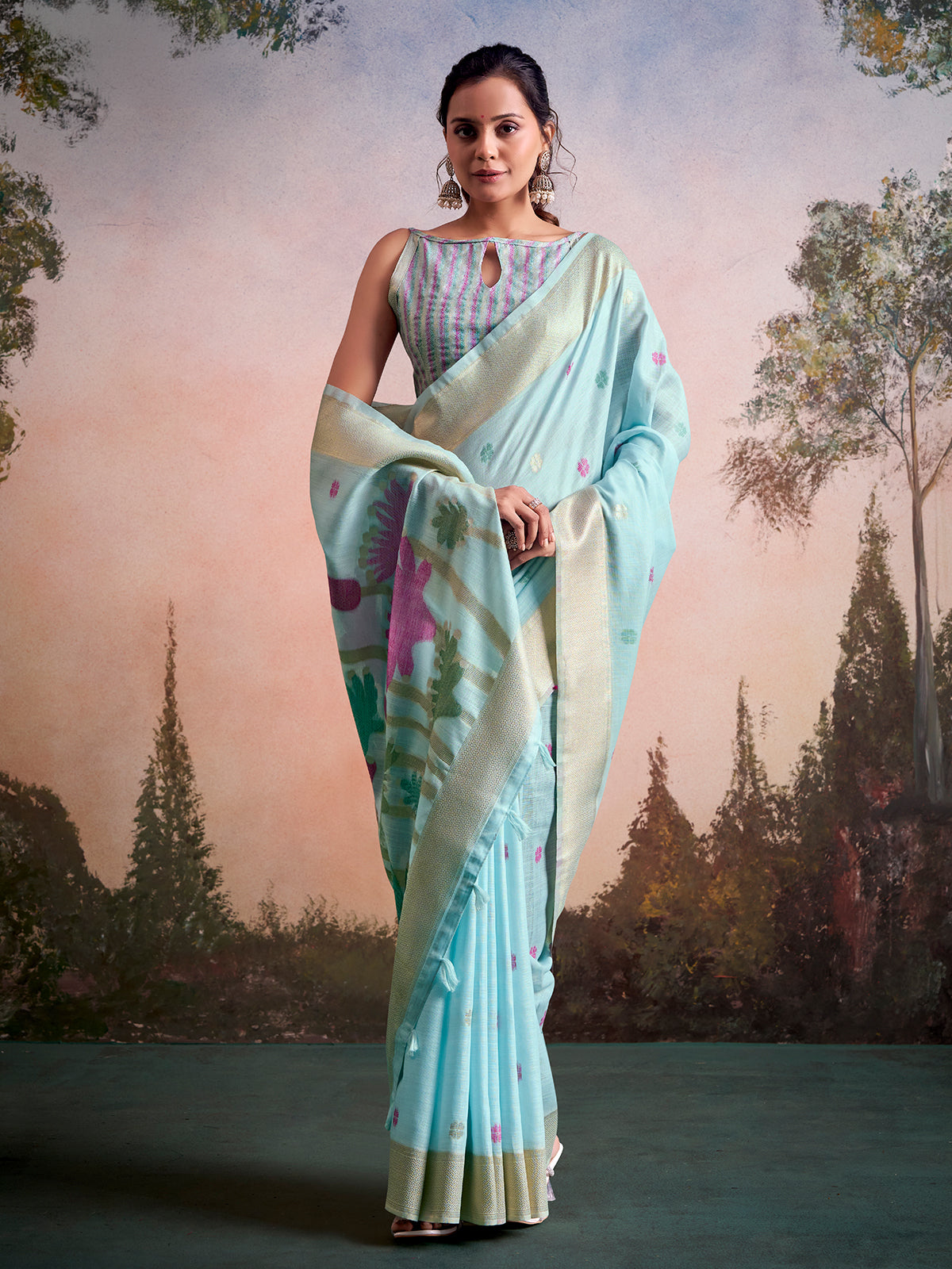 Sky blue botanical charm linen silk saree with unstitched blouse