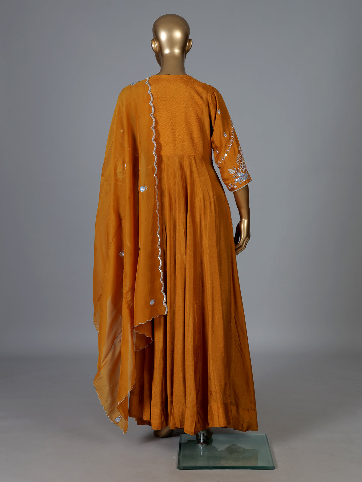 Mustard yellow silk anarkali suit with dupatta design