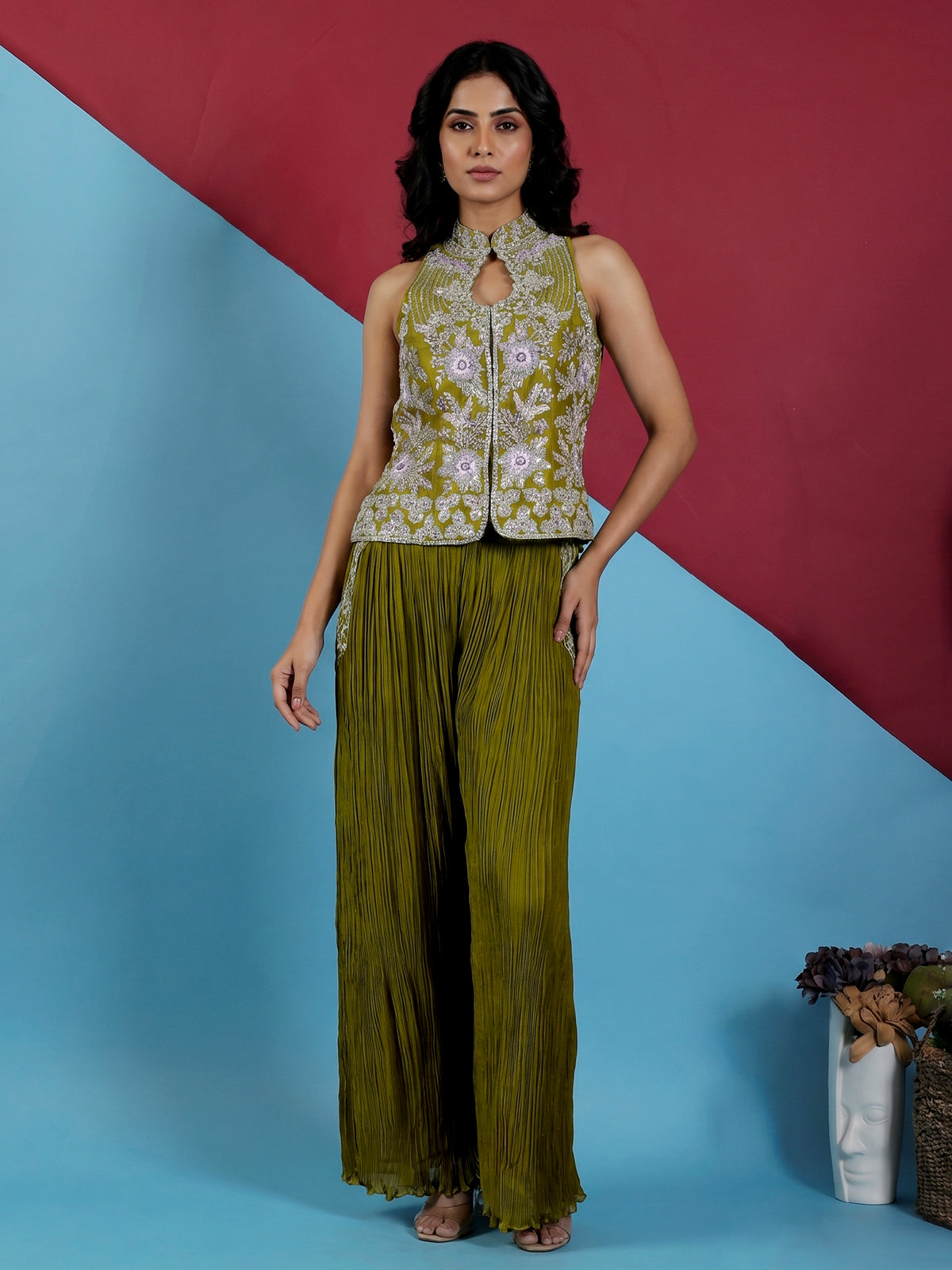 Mehendi green georgette designer palazzo suit for celebrations