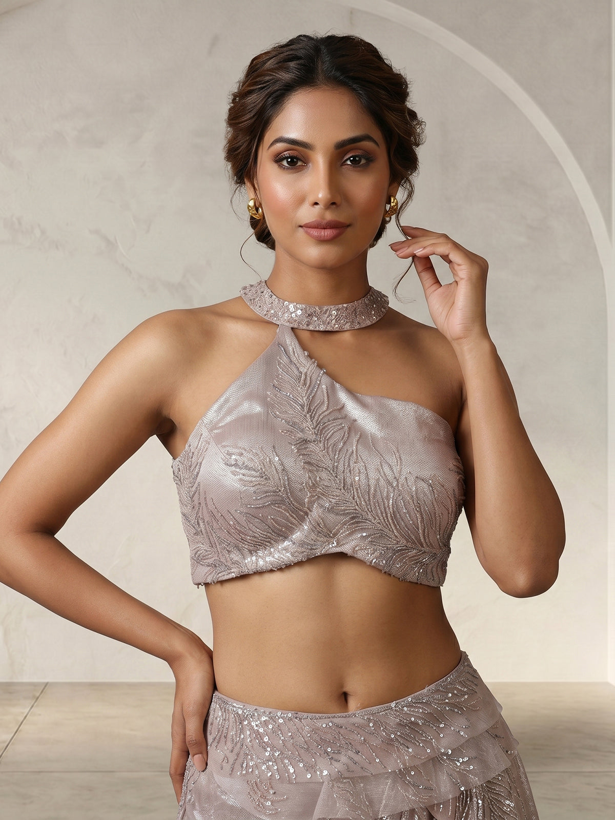 Baby pink lycra indowestern suit with attached dupatta