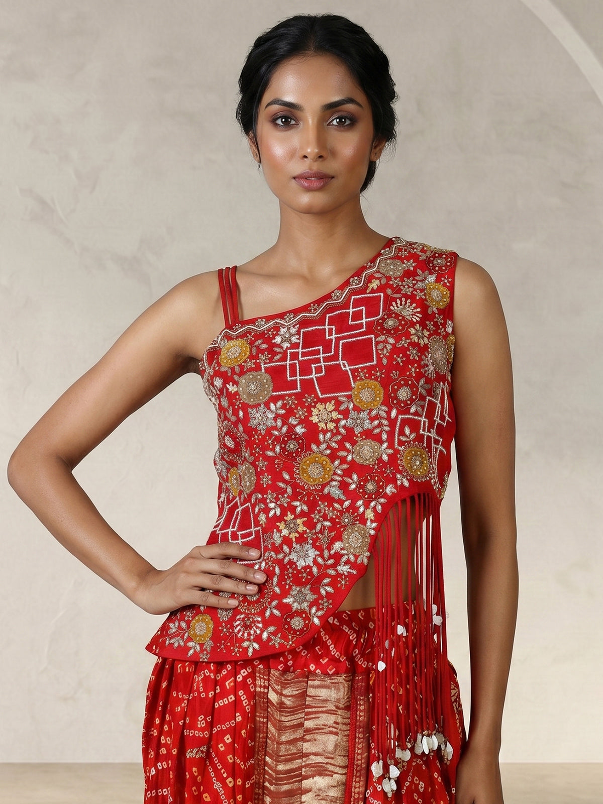 Red bandhej printed silk dhoti suit with embellishments
