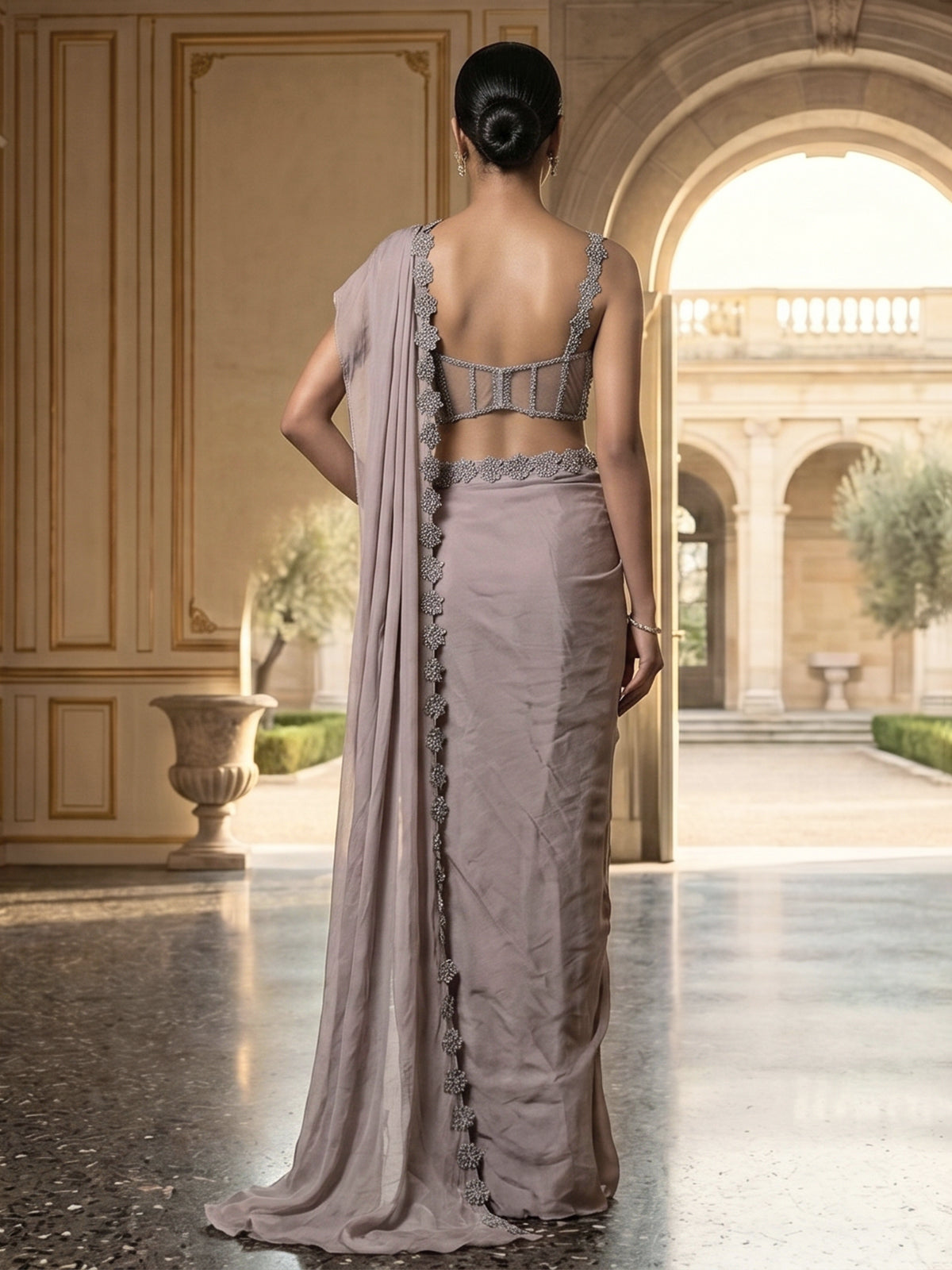 Grey silk ready to wear saree with attached pallu