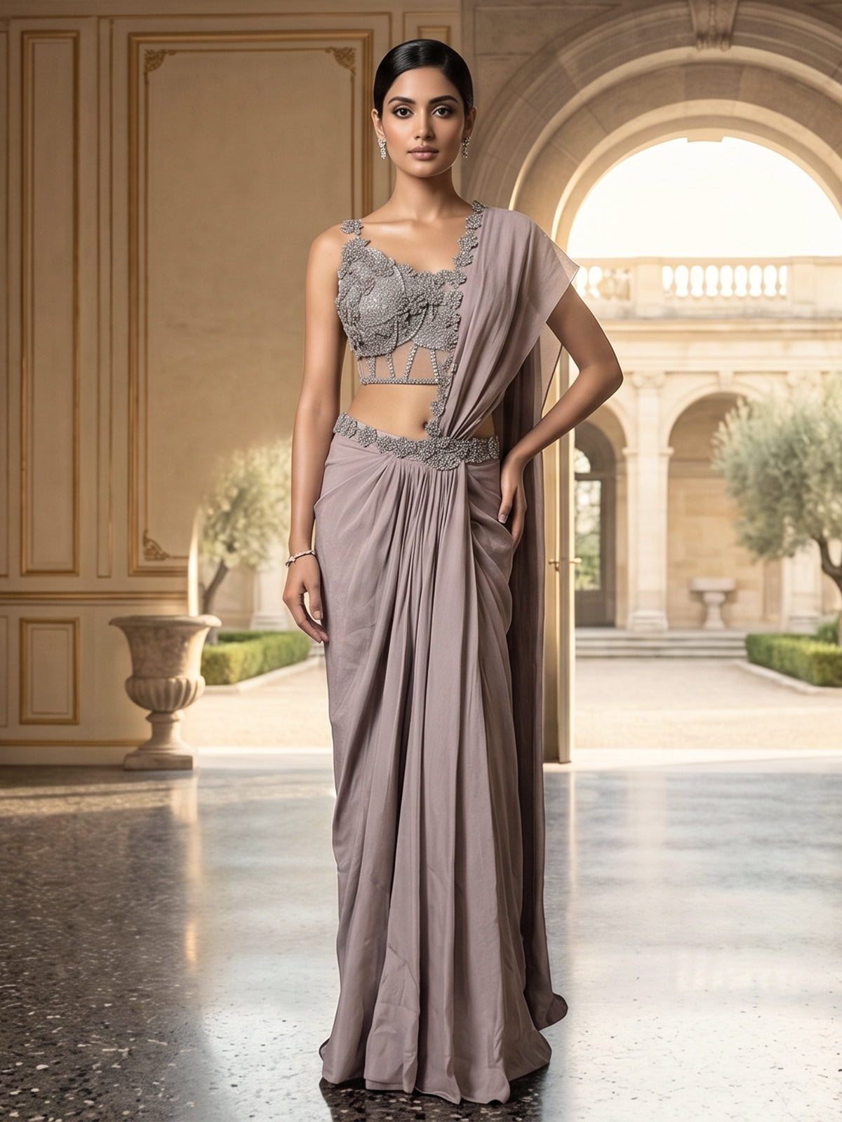 Grey silk ready to wear saree with attached pallu
