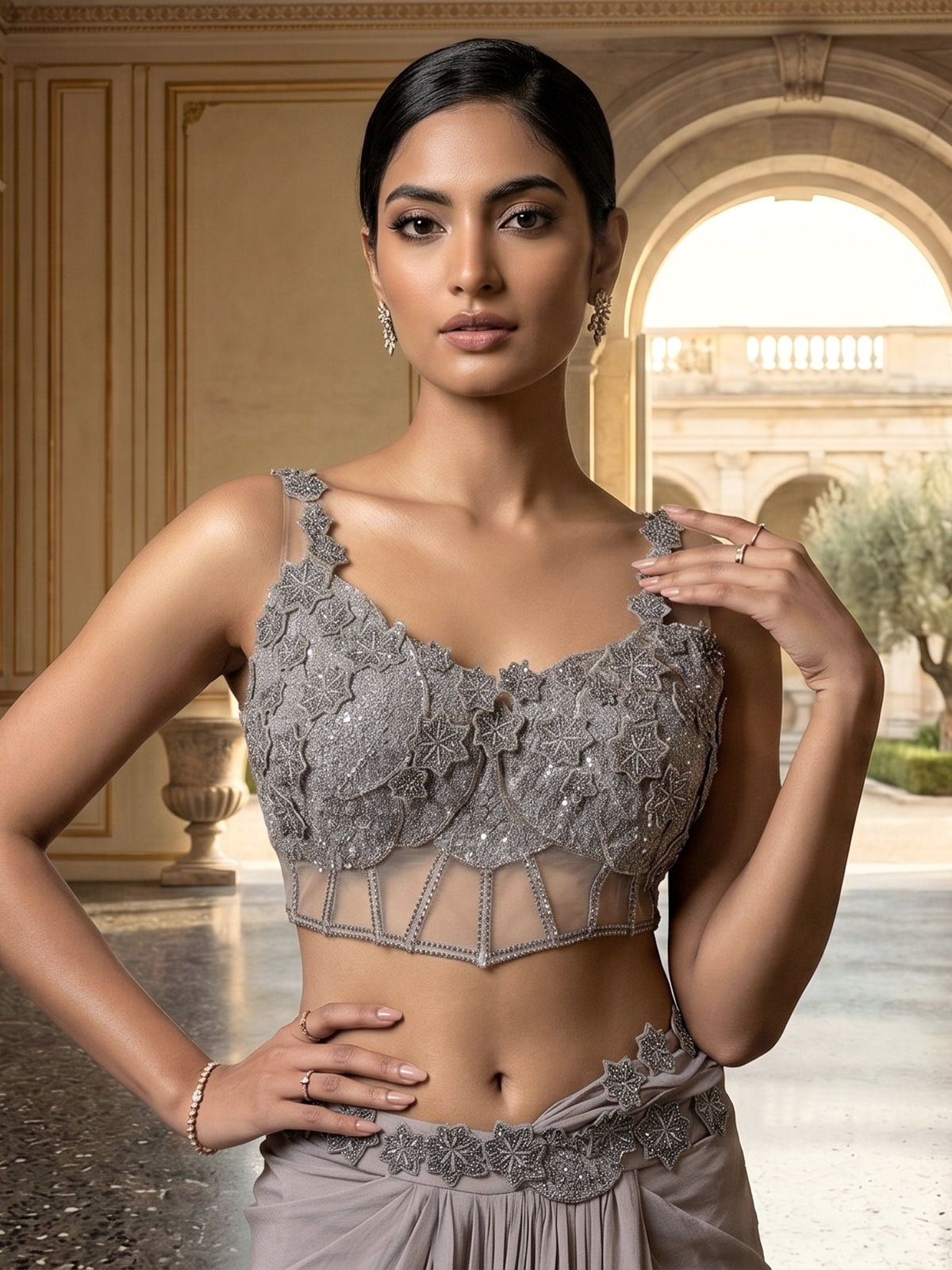 Grey silk ready to wear saree with attached pallu