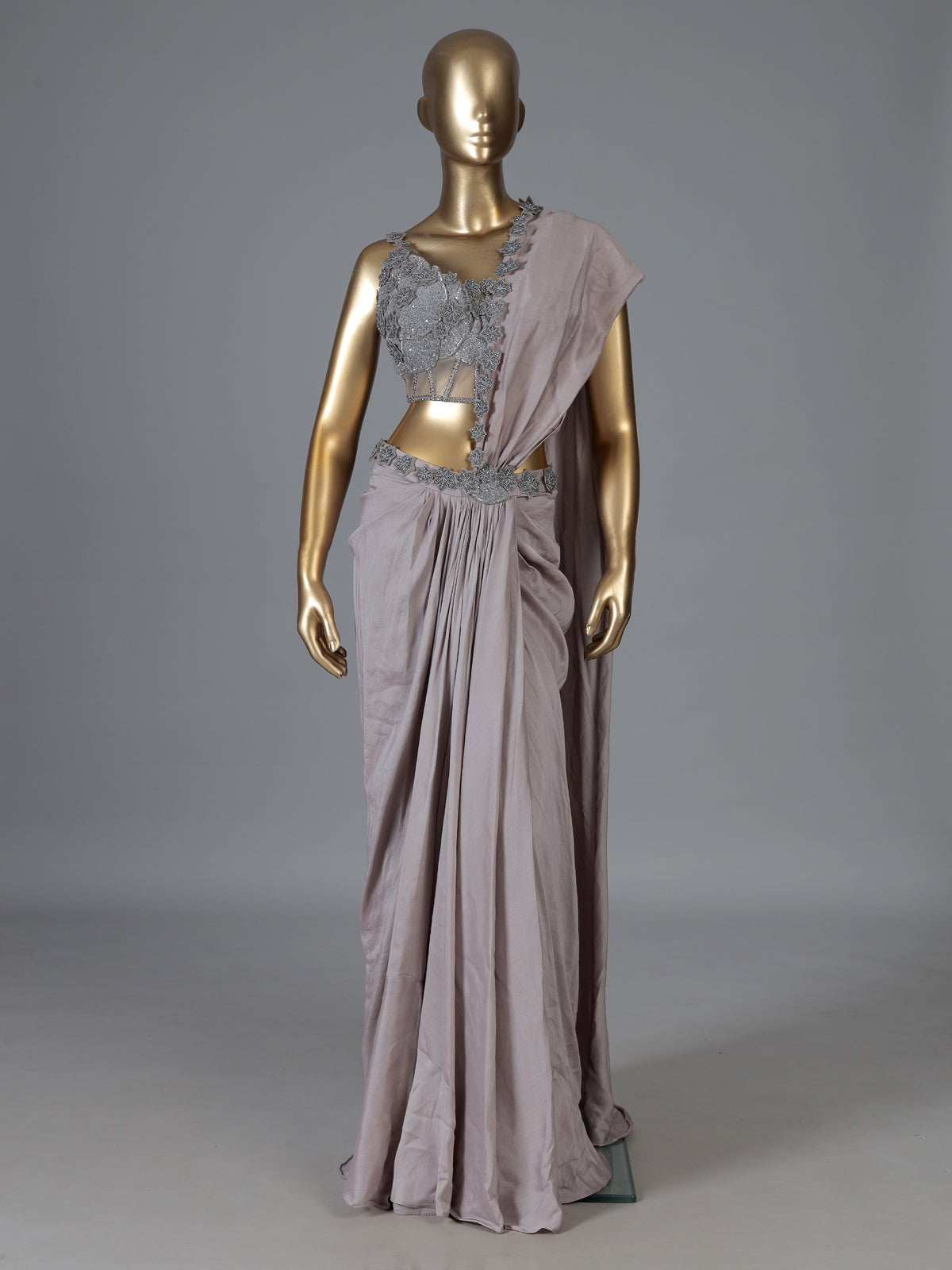 Grey silk ready to wear saree with attached pallu