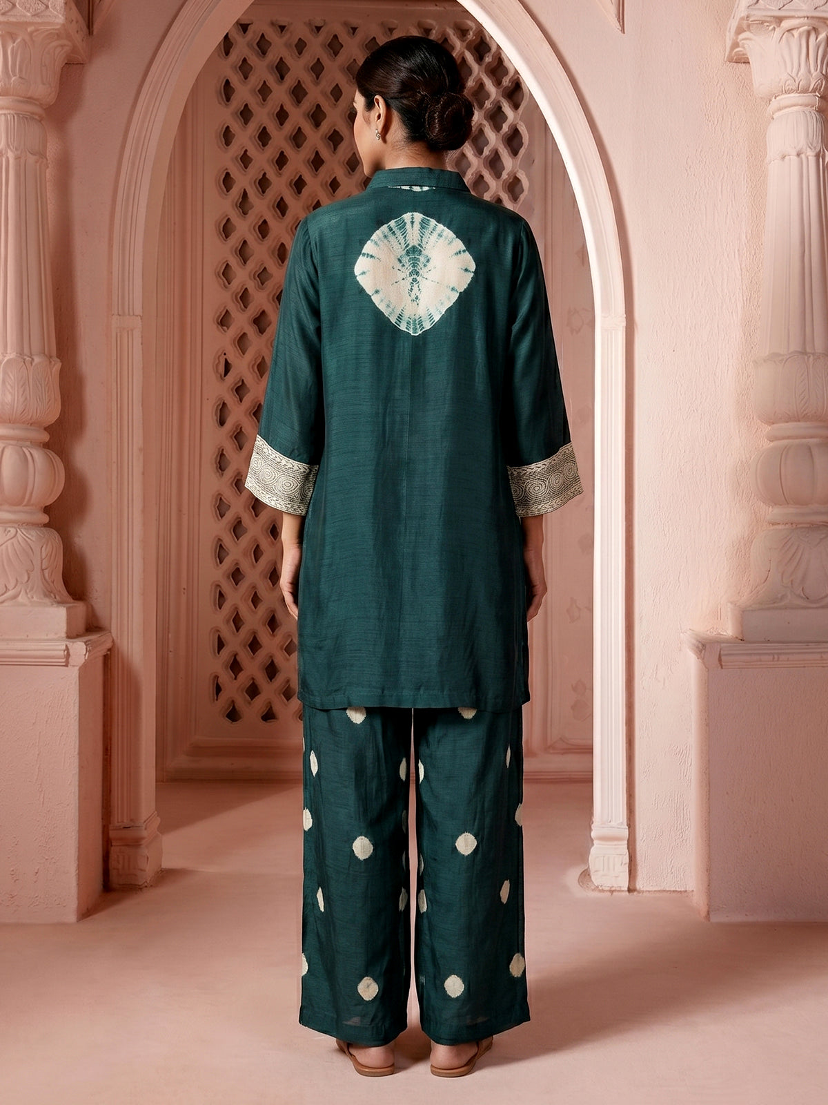 Green silk printed designer co-ord set with palazzo