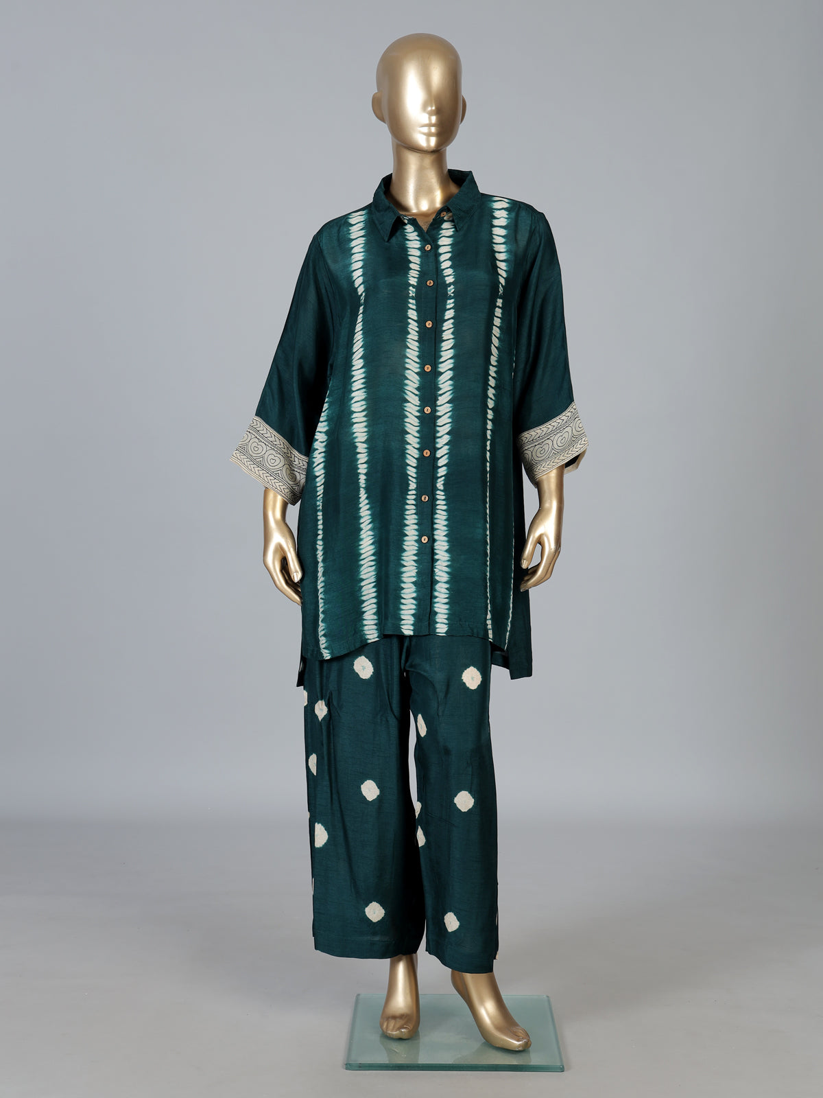 Green silk printed designer co-ord set with palazzo