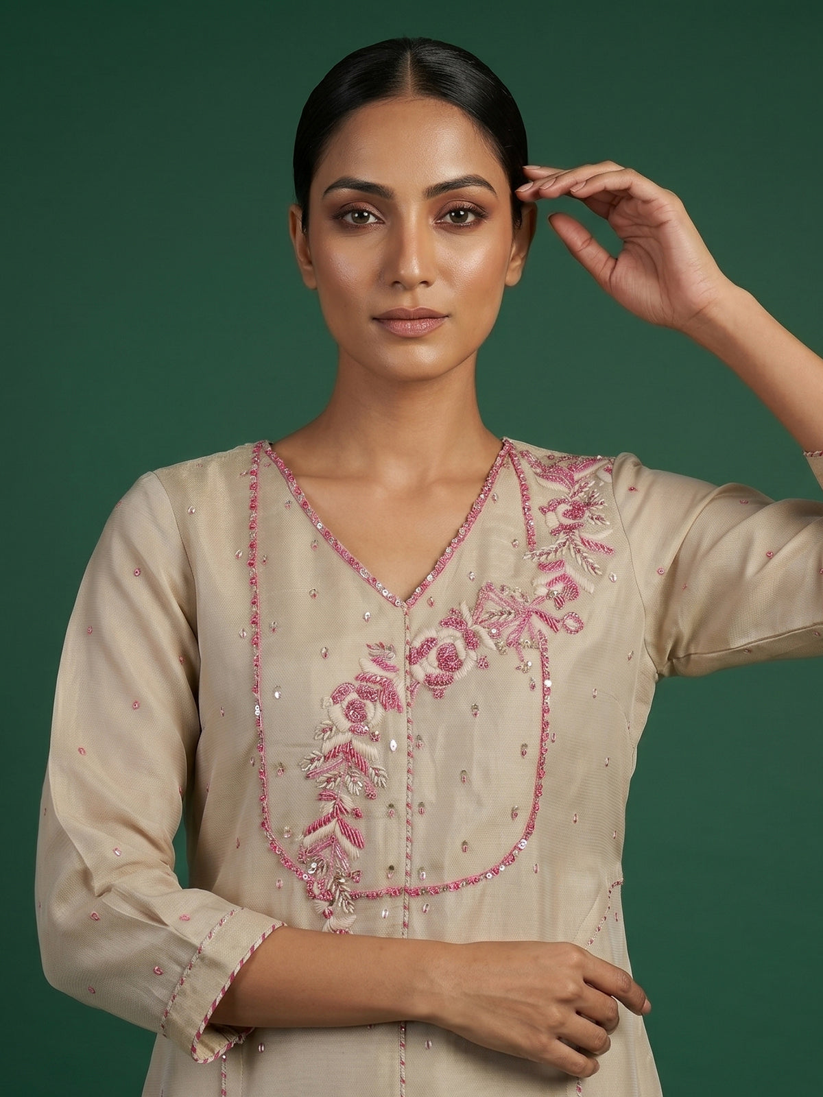 Cream tissue silk embellished palazzo suit ensemble