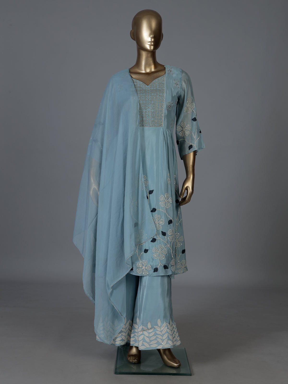 Firozi blue chinon silk palazzo suit with dupatta