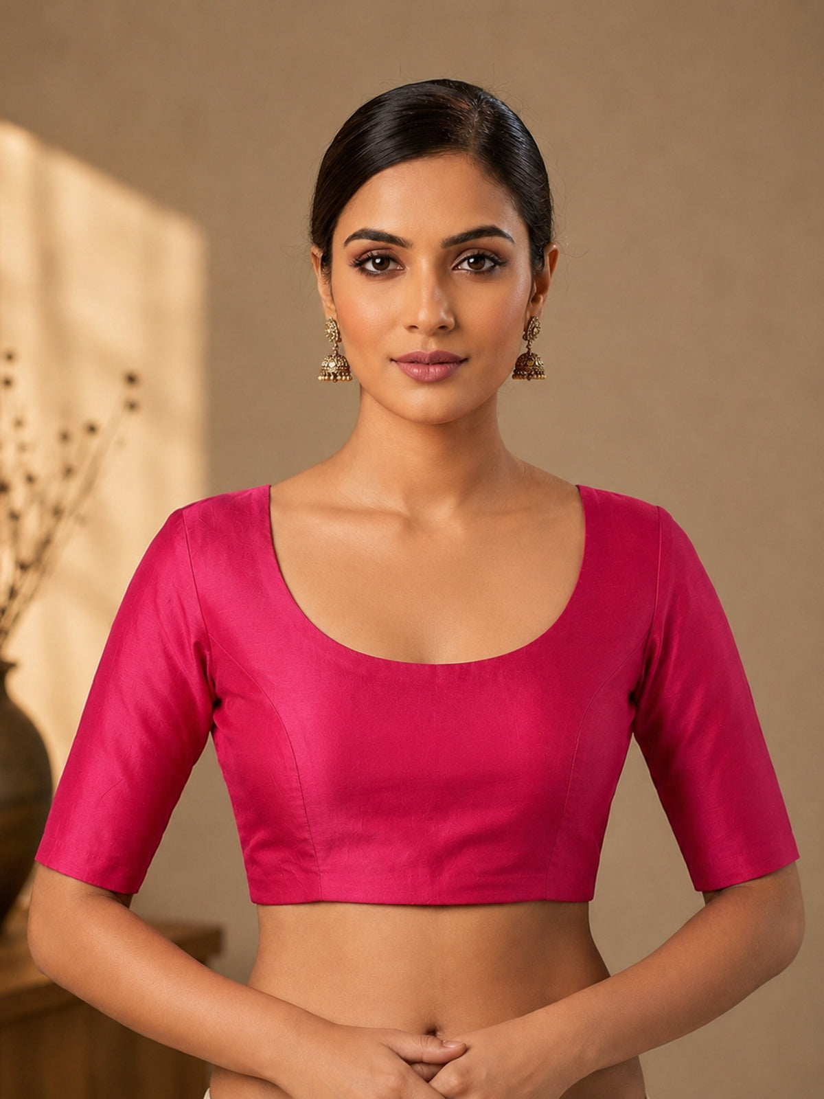 Magenta art silk round neck elbow sleeve blouse