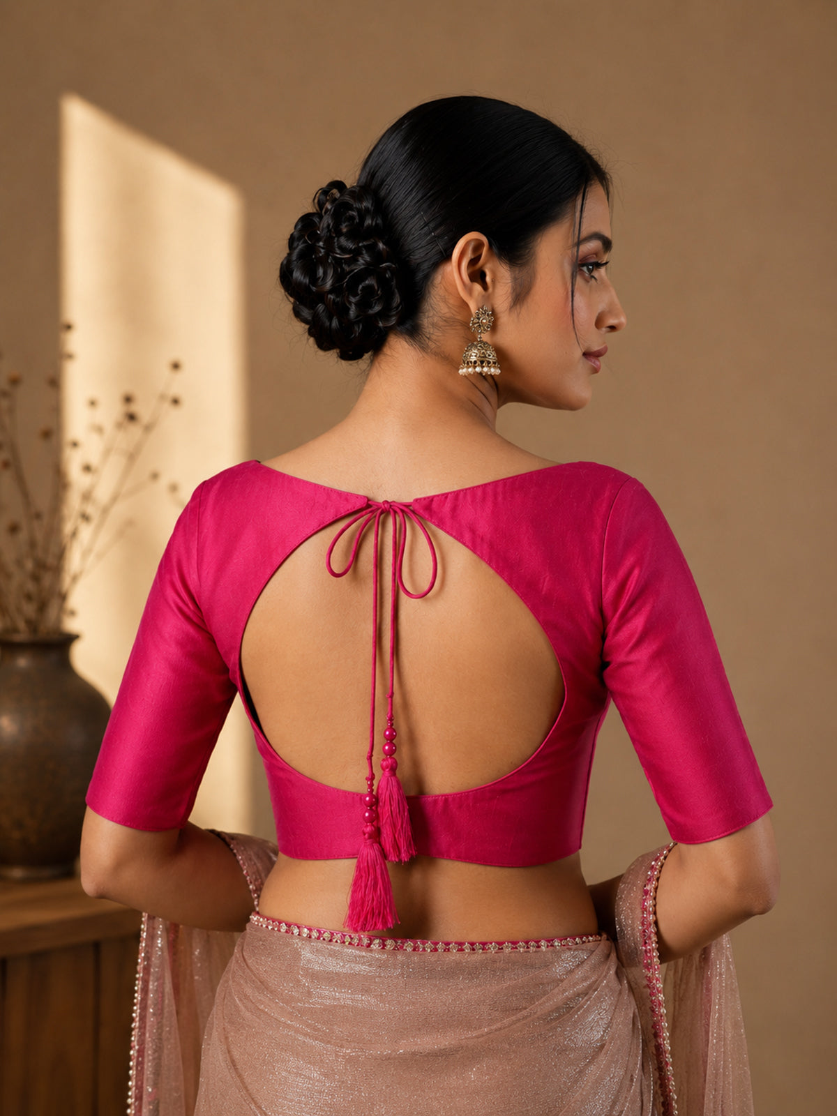 Magenta art silk round neck elbow sleeve blouse