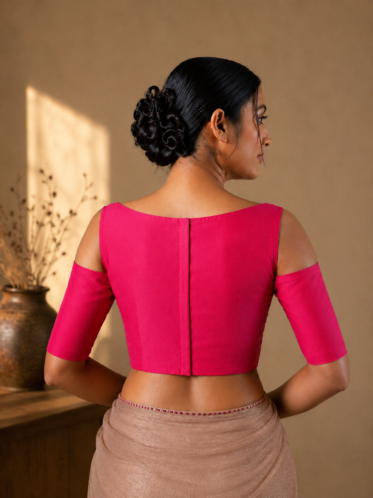 Magenta art silk boat neck elbow sleeve blouse