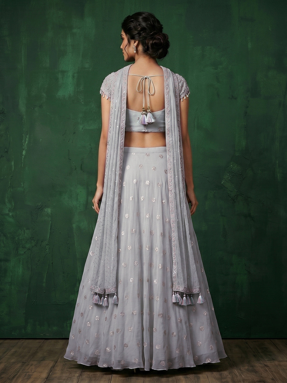 Off white tissue georgette palazzo suit with tassels