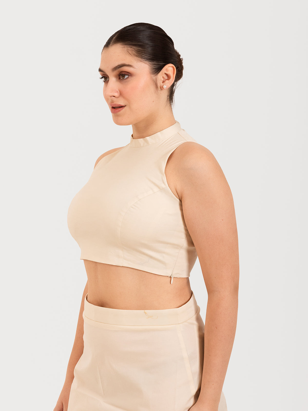 White cotton lycra high halter neck sleeveless blouse