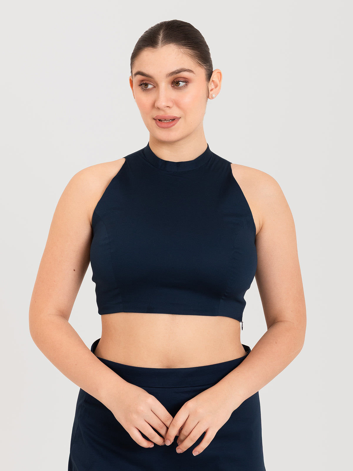 Blue cotton lycra high halter neck sleeveless blouse