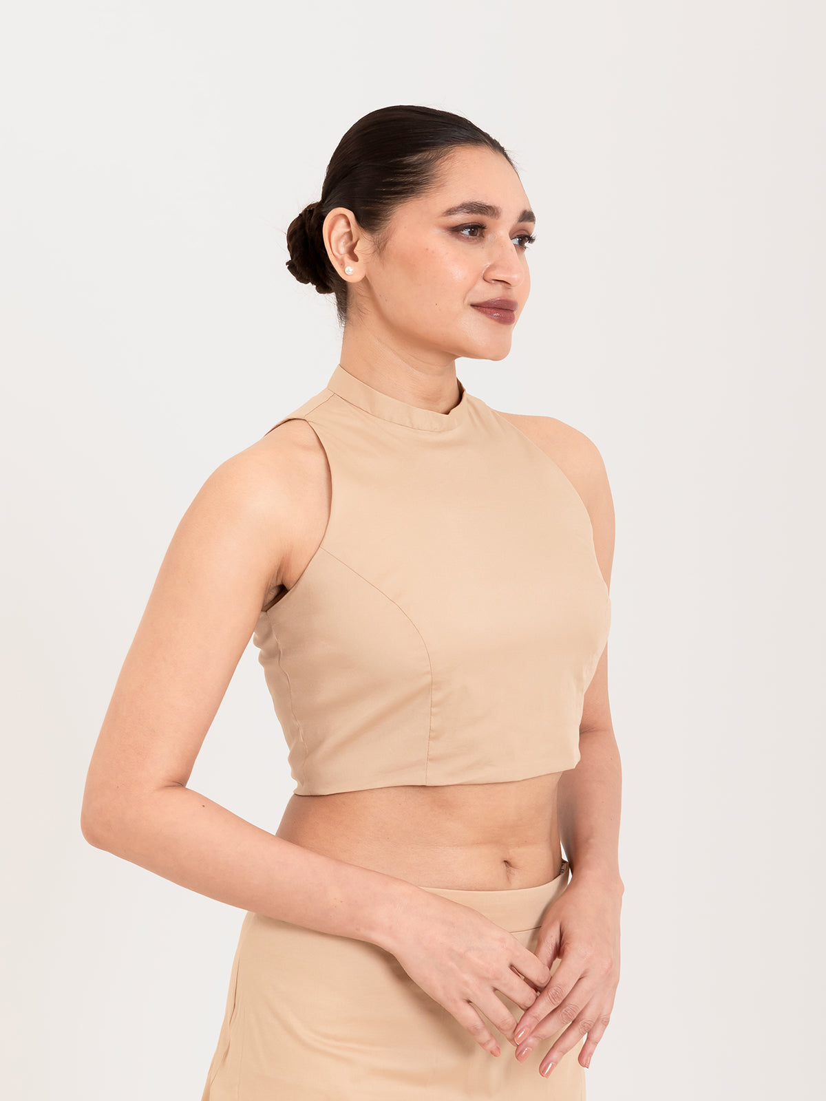 Beige cotton lycra high halter neck sleeveless blouse